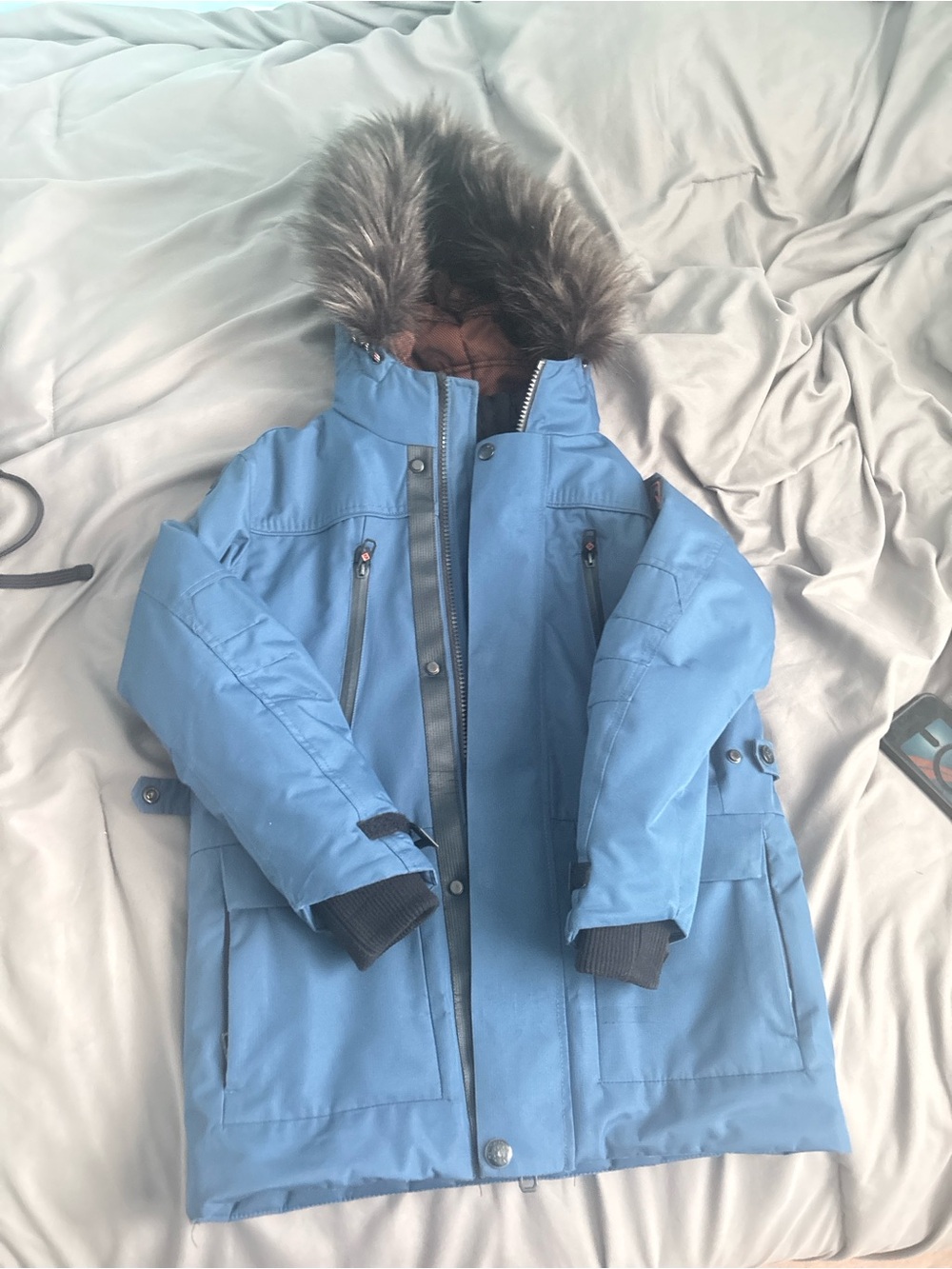 Point Zero Light Blue Hooded Puffer Coat with Faux-Fur Trim